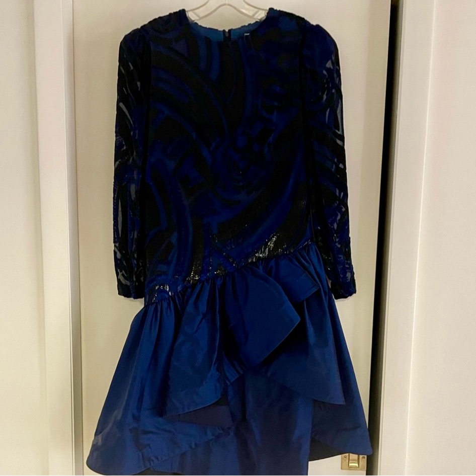 Elegant Designer Navy Blue Formal Asymmetrical Dress With Sheer Sleeves Size S